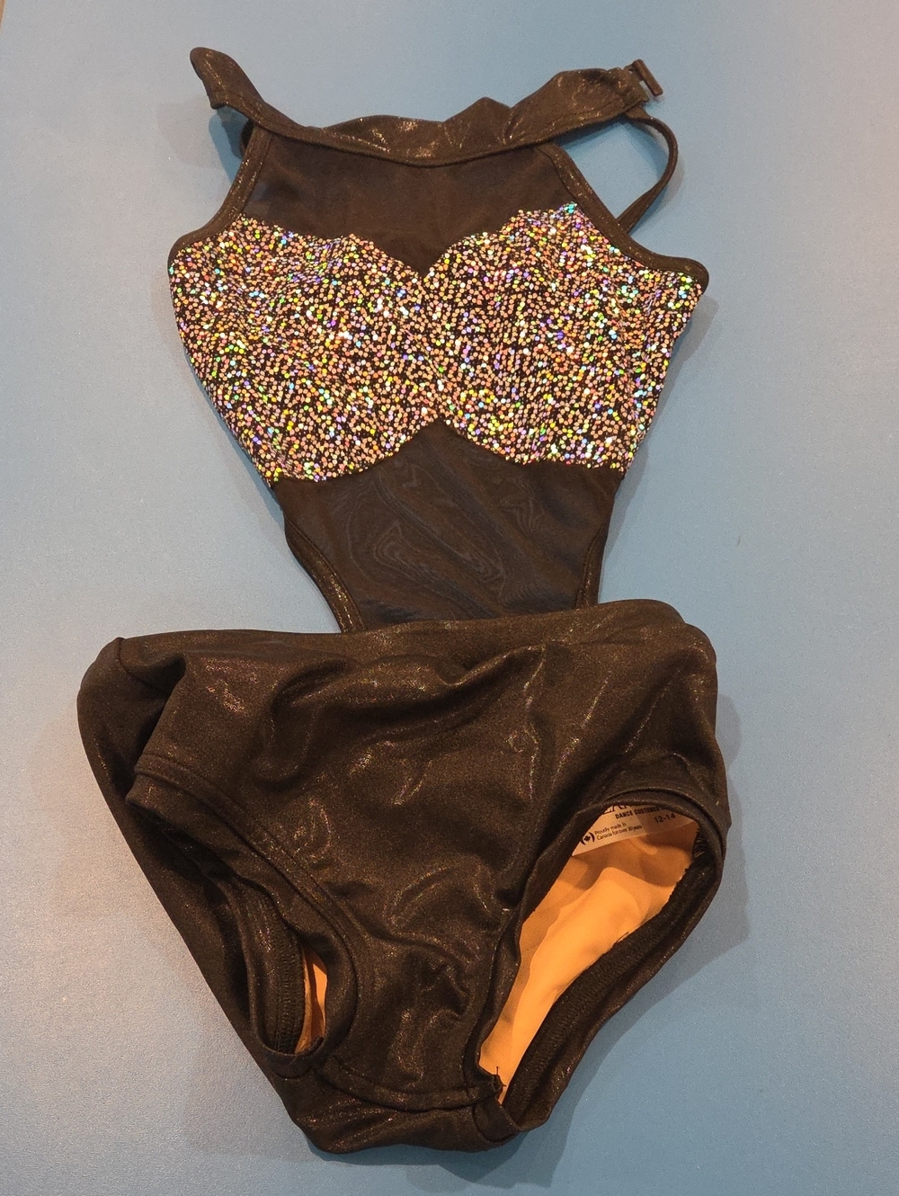 Girls Black Sparkle Dance Costume Leotard with Iridescent Sequin Bust